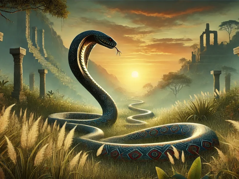 Uma paisagem mística ao amanhecer com uma grande cobra serpenteando através de ruínas antigas e grama alta.