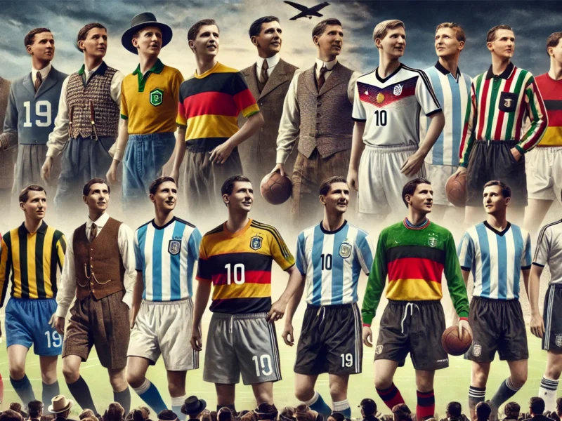 Uma colagem de diversos uniformes de seleções nacionais de futebol de diferentes eras, mostrando a evolução no estilo e tecnologia. A imagem inclui uniformes do início do século 20 de times famosos como Brasil, Alemanha, Itália e Argentina, mudanças de meados do século e uniformes de futebol de alta tecnologia dos dias atuais. O fundo apresenta uma mistura de estádios de futebol vintage e contemporâneos, destacando o progresso nas vestimentas de futebol.